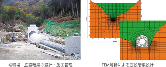 堆積場　底設暗渠の設計・施工管理、FEM解析による底設暗渠設計